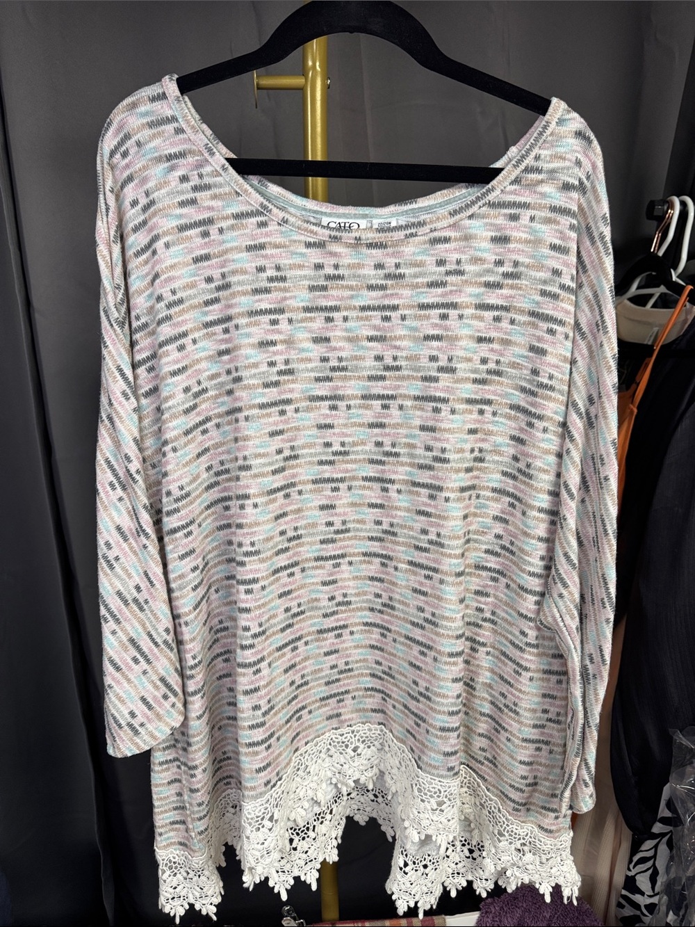 Cato Cream Multicolor Striped Crochet-Hem Long Sleeve Top